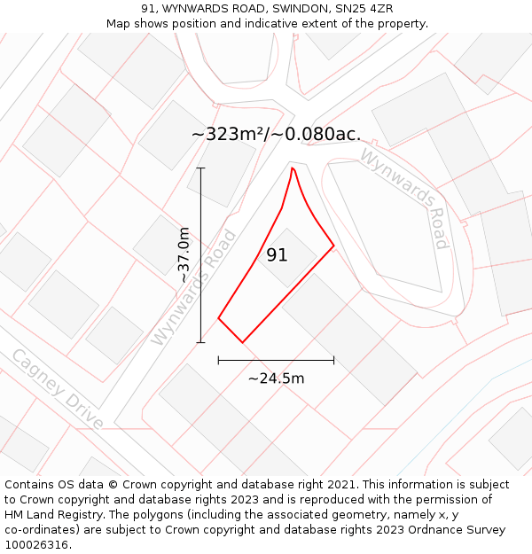 91, WYNWARDS ROAD, SWINDON, SN25 4ZR: Plot and title map