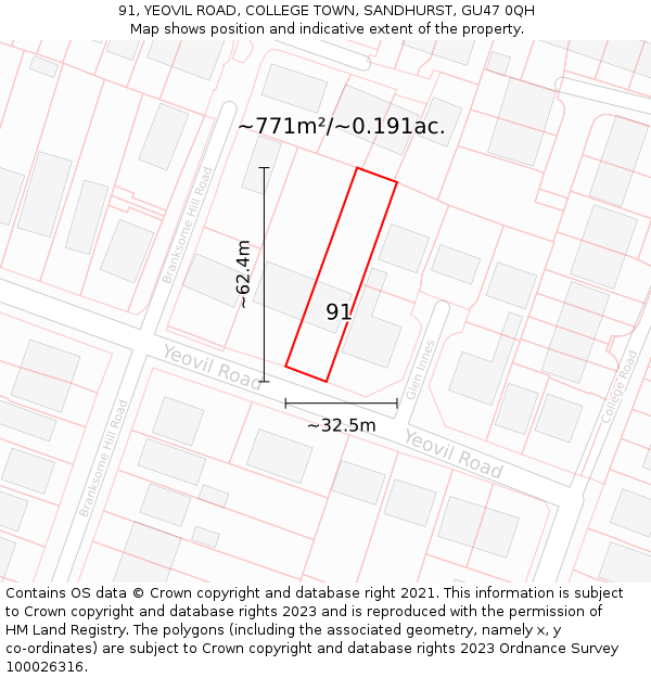 91, YEOVIL ROAD, COLLEGE TOWN, SANDHURST, GU47 0QH: Plot and title map