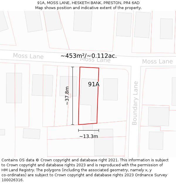 91A, MOSS LANE, HESKETH BANK, PRESTON, PR4 6AD: Plot and title map