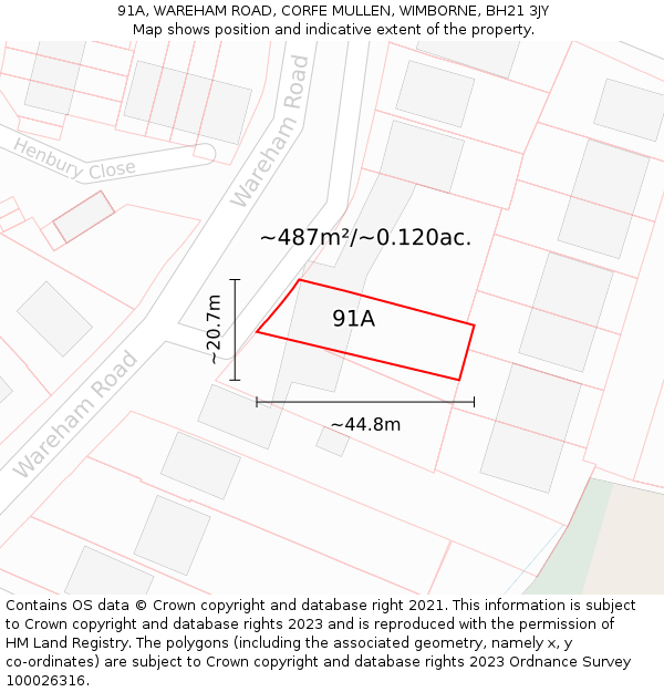 91A, WAREHAM ROAD, CORFE MULLEN, WIMBORNE, BH21 3JY: Plot and title map