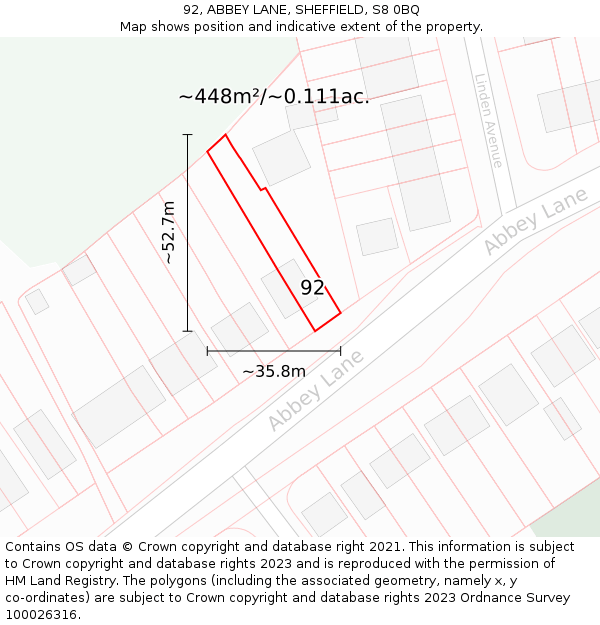 92, ABBEY LANE, SHEFFIELD, S8 0BQ: Plot and title map