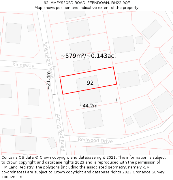 92, AMEYSFORD ROAD, FERNDOWN, BH22 9QE: Plot and title map