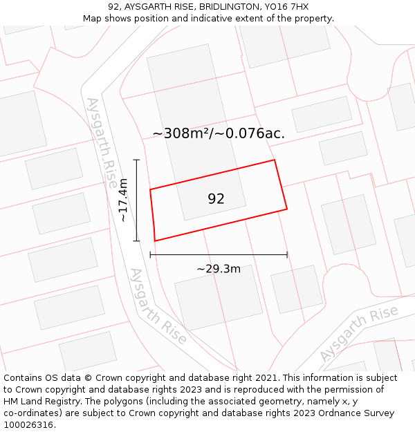 92, AYSGARTH RISE, BRIDLINGTON, YO16 7HX: Plot and title map