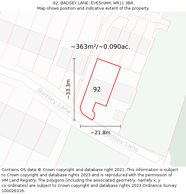 92, BADSEY LANE, EVESHAM, WR11 3BA: Plot and title map