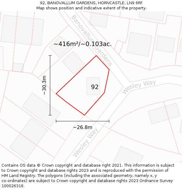 92, BANOVALLUM GARDENS, HORNCASTLE, LN9 6RF: Plot and title map