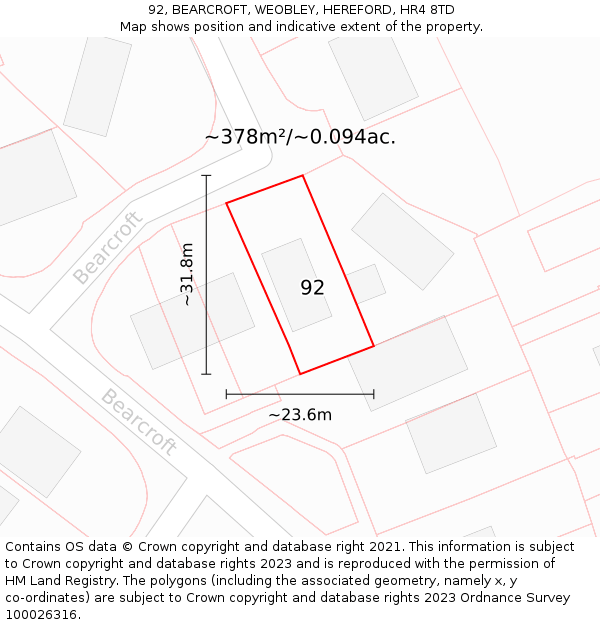 92, BEARCROFT, WEOBLEY, HEREFORD, HR4 8TD: Plot and title map