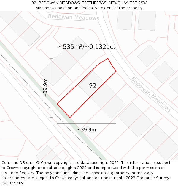 92, BEDOWAN MEADOWS, TRETHERRAS, NEWQUAY, TR7 2SW: Plot and title map