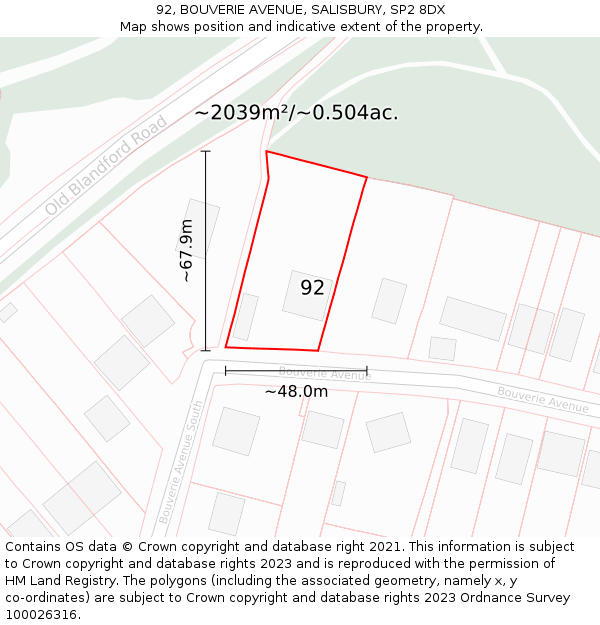 92, BOUVERIE AVENUE, SALISBURY, SP2 8DX: Plot and title map