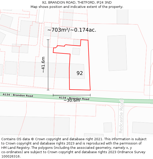 92, BRANDON ROAD, THETFORD, IP24 3ND: Plot and title map