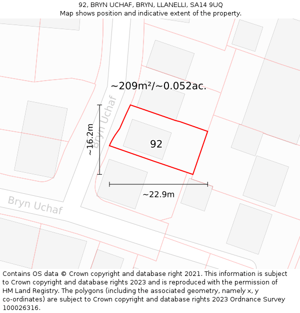 92, BRYN UCHAF, BRYN, LLANELLI, SA14 9UQ: Plot and title map