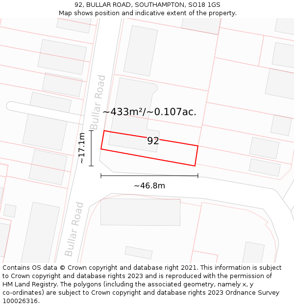 92, BULLAR ROAD, SOUTHAMPTON, SO18 1GS: Plot and title map