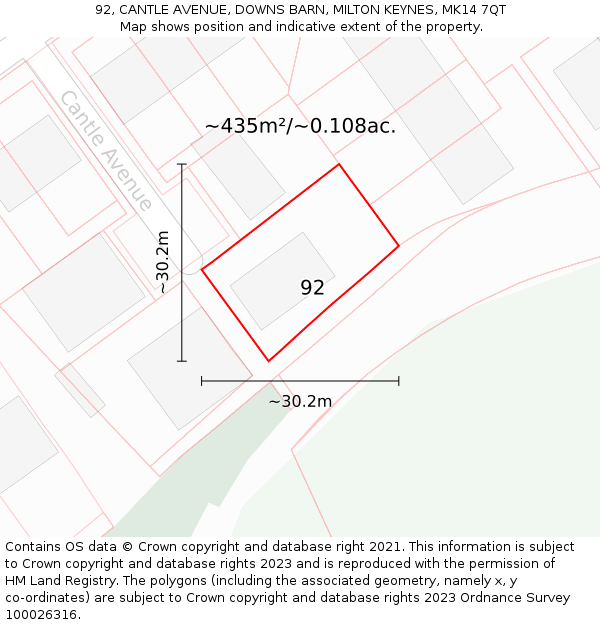 92, CANTLE AVENUE, DOWNS BARN, MILTON KEYNES, MK14 7QT: Plot and title map