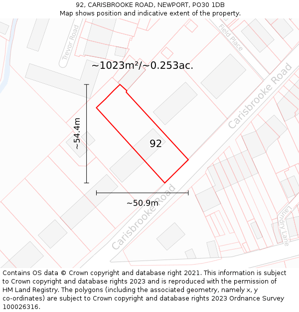 92, CARISBROOKE ROAD, NEWPORT, PO30 1DB: Plot and title map