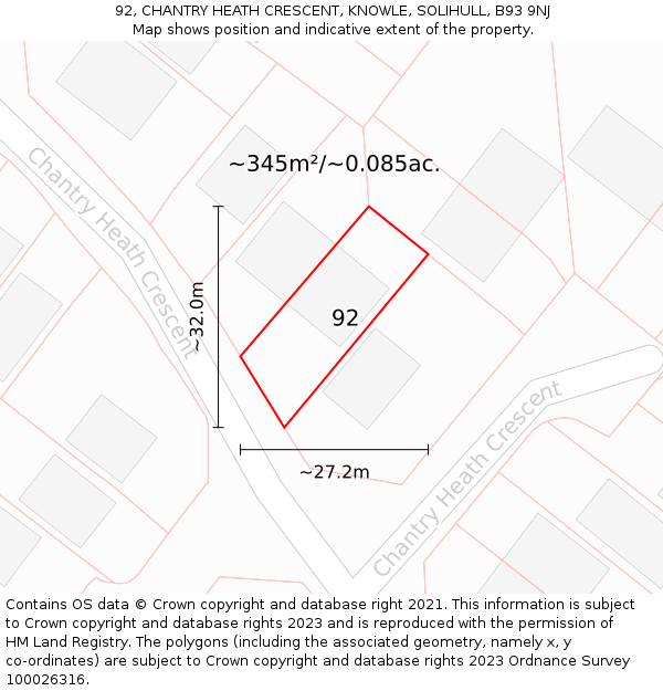 92, CHANTRY HEATH CRESCENT, KNOWLE, SOLIHULL, B93 9NJ: Plot and title map