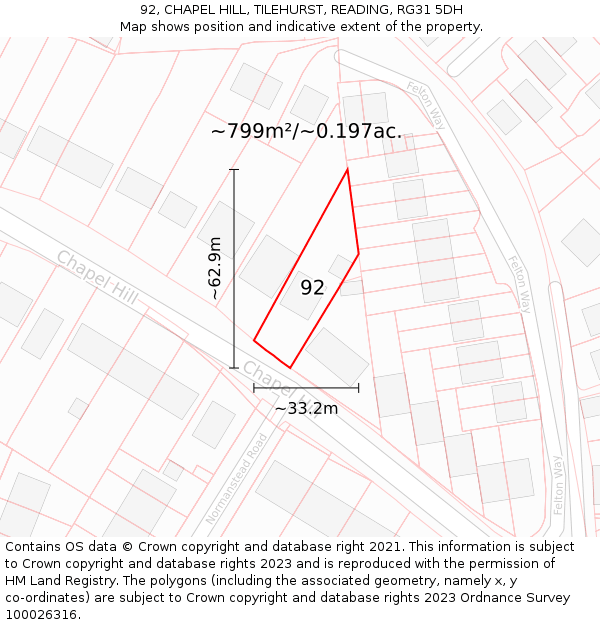 92, CHAPEL HILL, TILEHURST, READING, RG31 5DH: Plot and title map