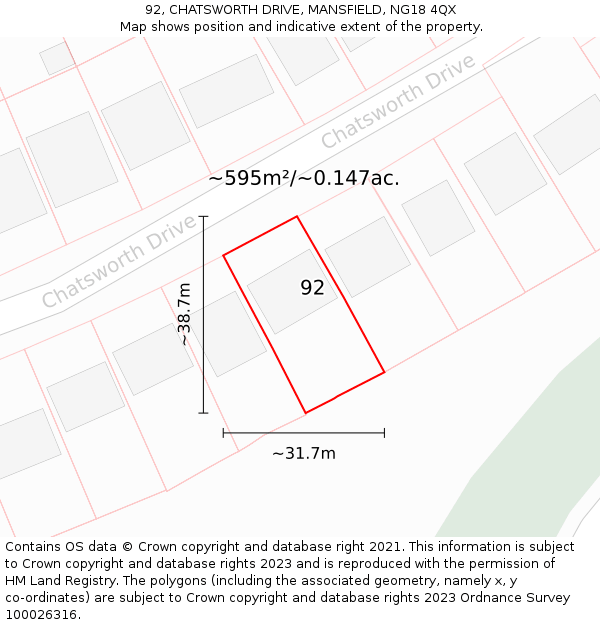 92, CHATSWORTH DRIVE, MANSFIELD, NG18 4QX: Plot and title map