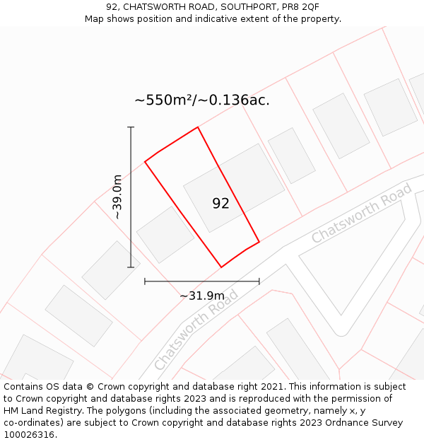 92, CHATSWORTH ROAD, SOUTHPORT, PR8 2QF: Plot and title map