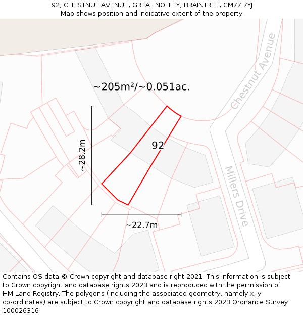 92, CHESTNUT AVENUE, GREAT NOTLEY, BRAINTREE, CM77 7YJ: Plot and title map