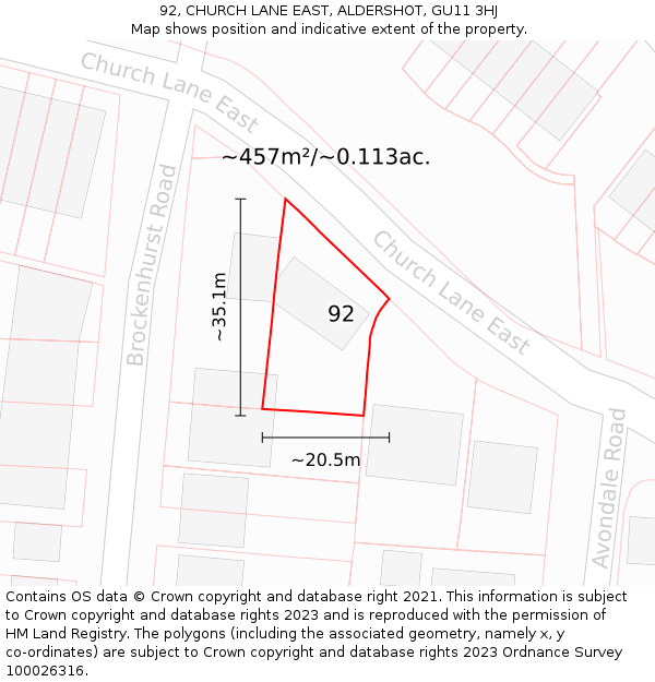 92, CHURCH LANE EAST, ALDERSHOT, GU11 3HJ: Plot and title map