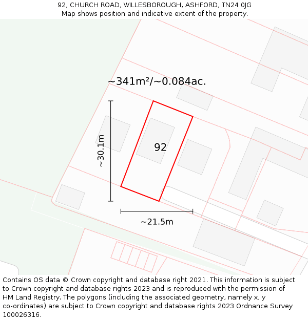 92, CHURCH ROAD, WILLESBOROUGH, ASHFORD, TN24 0JG: Plot and title map