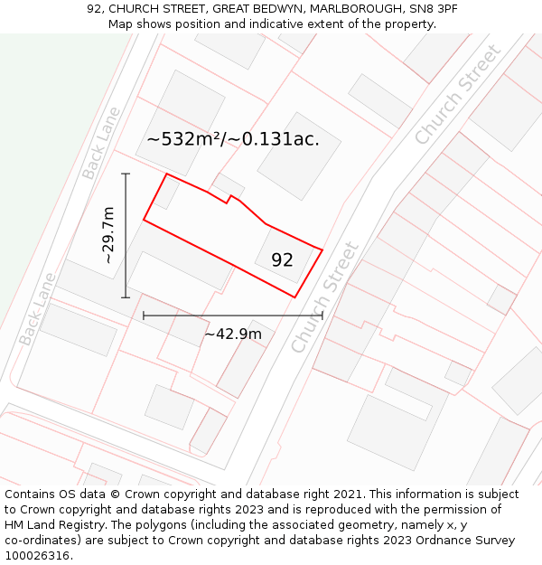 92, CHURCH STREET, GREAT BEDWYN, MARLBOROUGH, SN8 3PF: Plot and title map