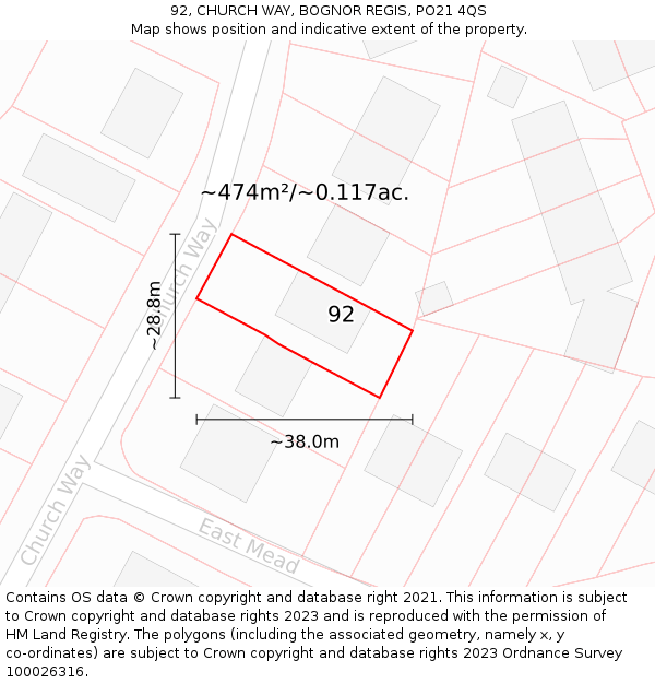 92, CHURCH WAY, BOGNOR REGIS, PO21 4QS: Plot and title map