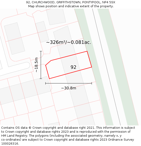 92, CHURCHWOOD, GRIFFITHSTOWN, PONTYPOOL, NP4 5SX: Plot and title map