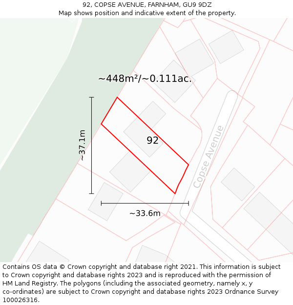 92, COPSE AVENUE, FARNHAM, GU9 9DZ: Plot and title map