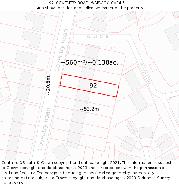 92, COVENTRY ROAD, WARWICK, CV34 5HH: Plot and title map