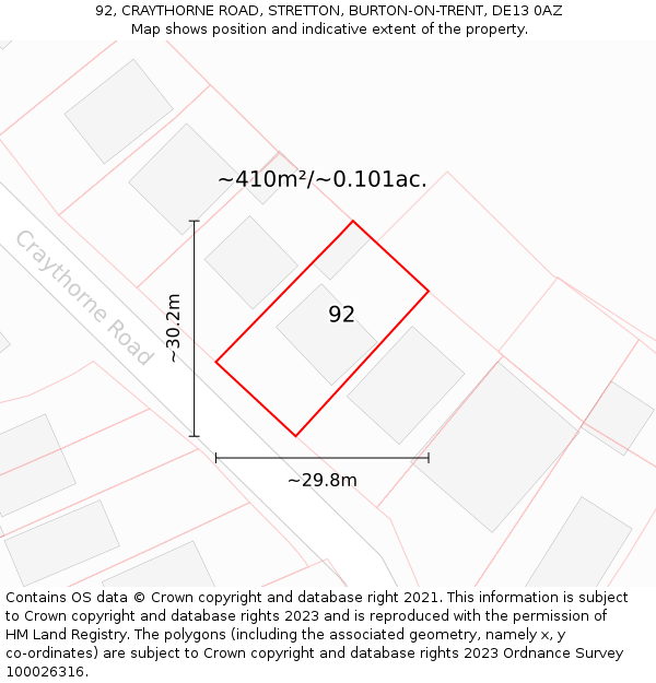 92, CRAYTHORNE ROAD, STRETTON, BURTON-ON-TRENT, DE13 0AZ: Plot and title map