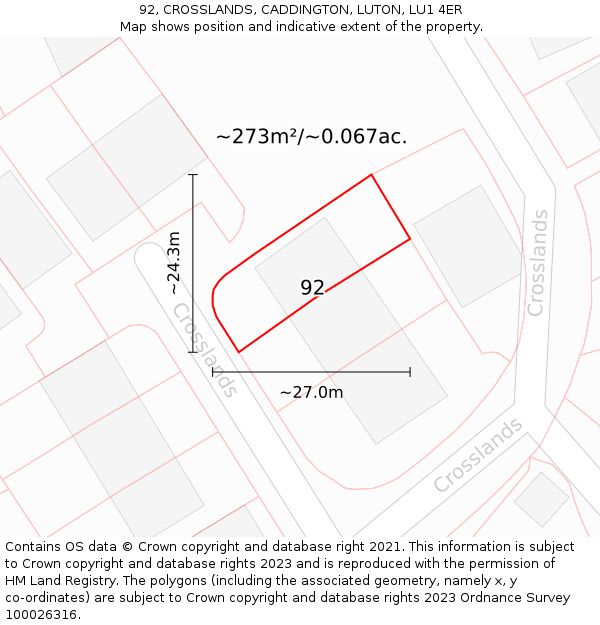 92, CROSSLANDS, CADDINGTON, LUTON, LU1 4ER: Plot and title map