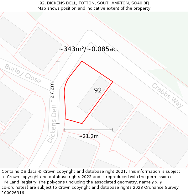 92, DICKENS DELL, TOTTON, SOUTHAMPTON, SO40 8FJ: Plot and title map