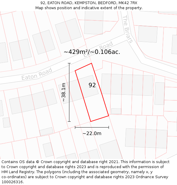 92, EATON ROAD, KEMPSTON, BEDFORD, MK42 7RX: Plot and title map