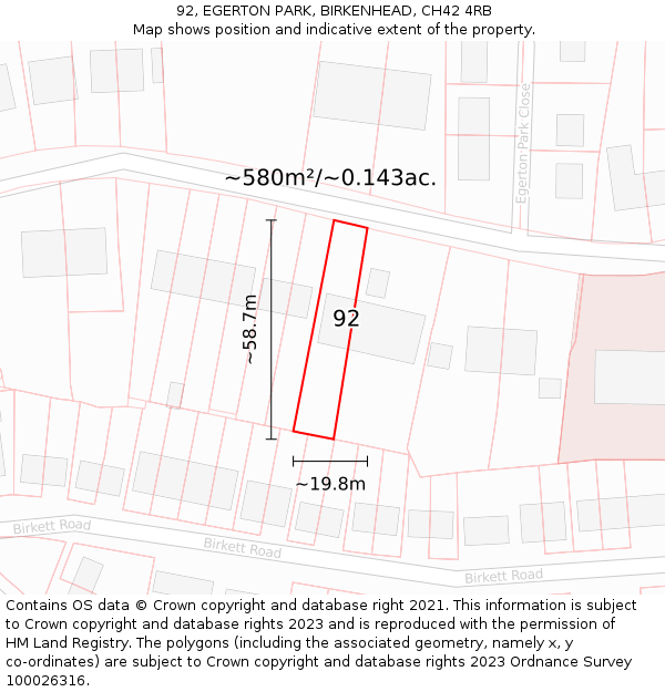 92, EGERTON PARK, BIRKENHEAD, CH42 4RB: Plot and title map