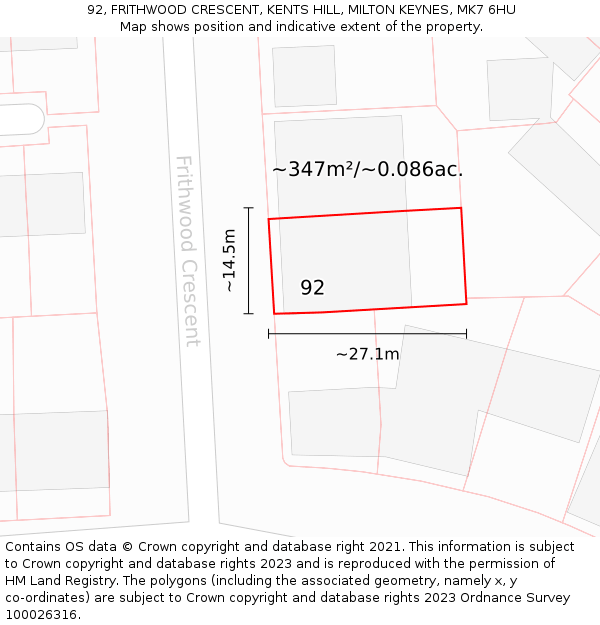 92, FRITHWOOD CRESCENT, KENTS HILL, MILTON KEYNES, MK7 6HU: Plot and title map