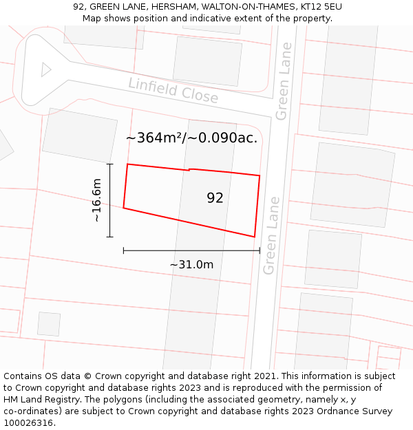 92, GREEN LANE, HERSHAM, WALTON-ON-THAMES, KT12 5EU: Plot and title map