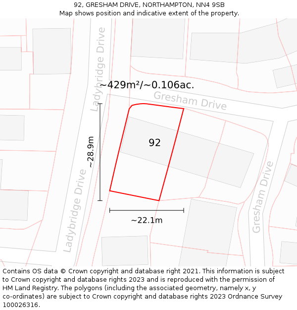 92, GRESHAM DRIVE, NORTHAMPTON, NN4 9SB: Plot and title map