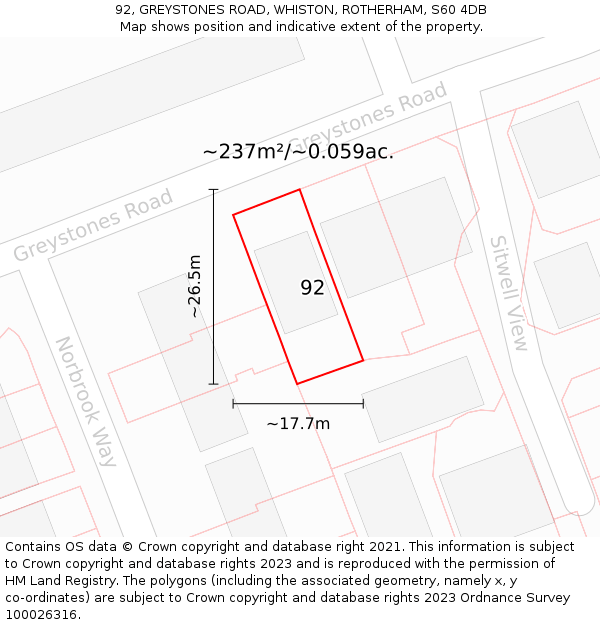 92, GREYSTONES ROAD, WHISTON, ROTHERHAM, S60 4DB: Plot and title map