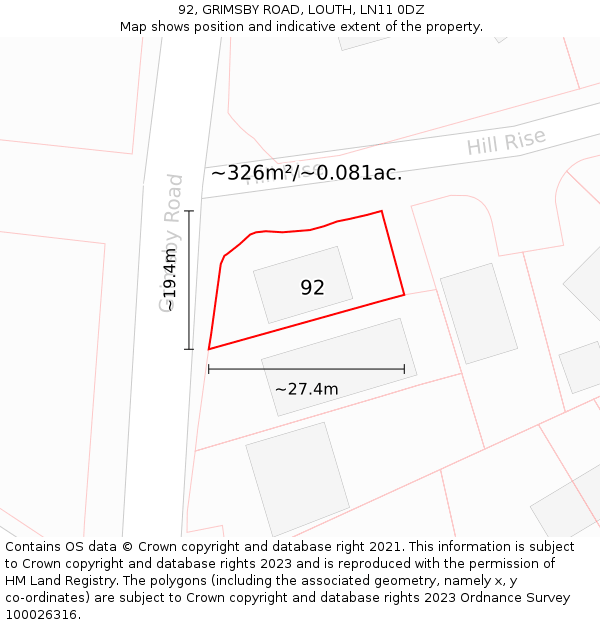 92, GRIMSBY ROAD, LOUTH, LN11 0DZ: Plot and title map