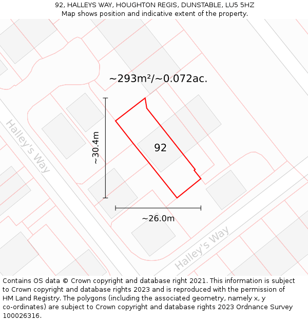 92, HALLEYS WAY, HOUGHTON REGIS, DUNSTABLE, LU5 5HZ: Plot and title map