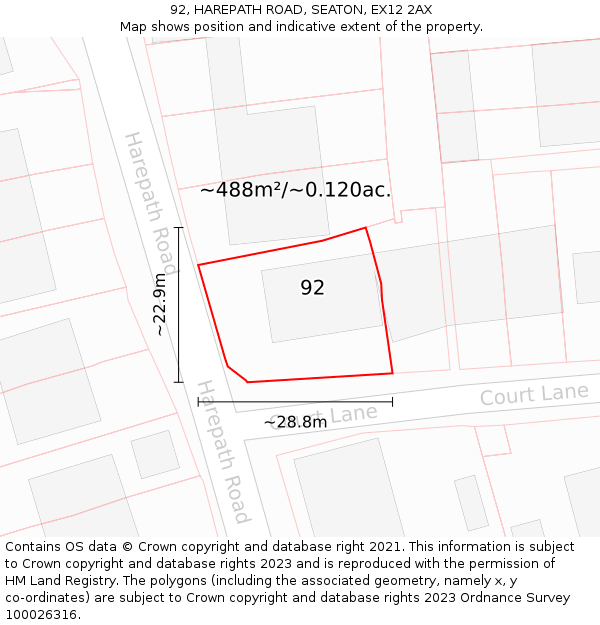 92, HAREPATH ROAD, SEATON, EX12 2AX: Plot and title map