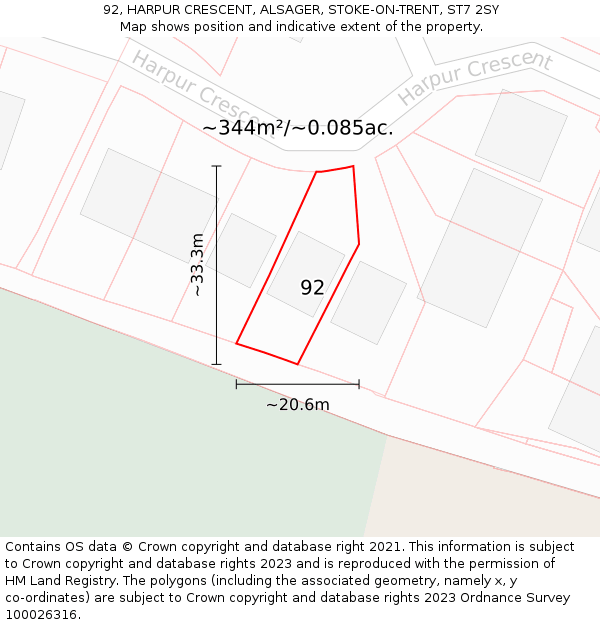 92, HARPUR CRESCENT, ALSAGER, STOKE-ON-TRENT, ST7 2SY: Plot and title map