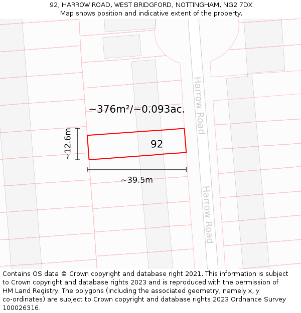 92, HARROW ROAD, WEST BRIDGFORD, NOTTINGHAM, NG2 7DX: Plot and title map