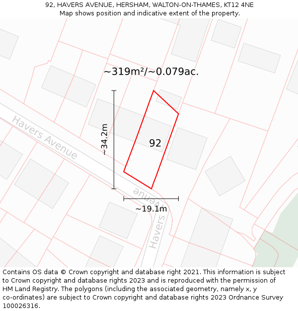 92, HAVERS AVENUE, HERSHAM, WALTON-ON-THAMES, KT12 4NE: Plot and title map