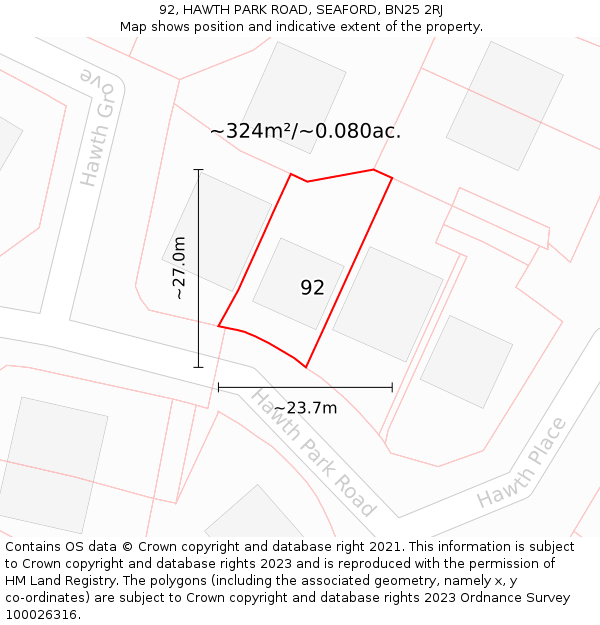 92, HAWTH PARK ROAD, SEAFORD, BN25 2RJ: Plot and title map