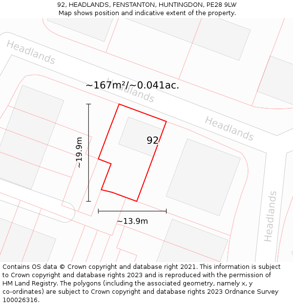 92, HEADLANDS, FENSTANTON, HUNTINGDON, PE28 9LW: Plot and title map