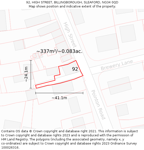 92, HIGH STREET, BILLINGBOROUGH, SLEAFORD, NG34 0QD: Plot and title map