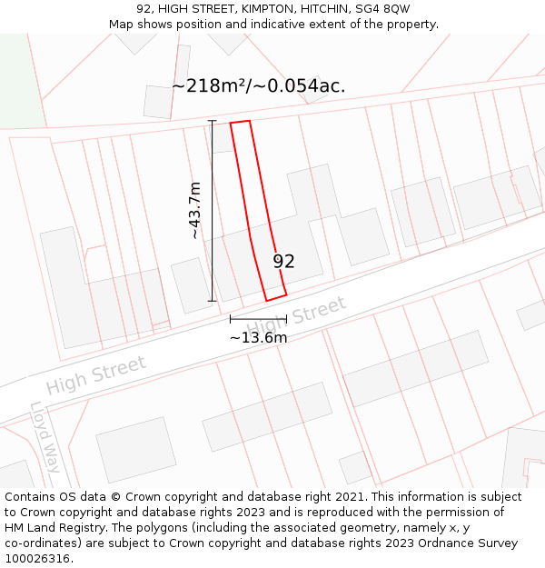 92, HIGH STREET, KIMPTON, HITCHIN, SG4 8QW: Plot and title map