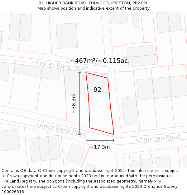 92, HIGHER BANK ROAD, FULWOOD, PRESTON, PR2 8PH: Plot and title map