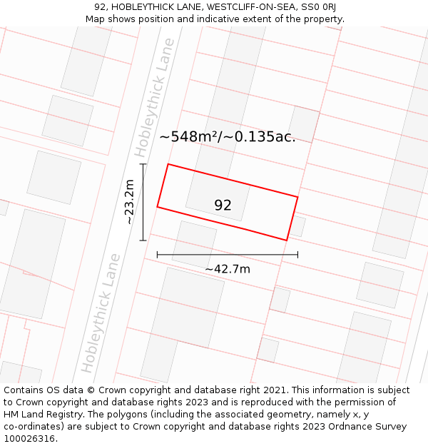 92, HOBLEYTHICK LANE, WESTCLIFF-ON-SEA, SS0 0RJ: Plot and title map